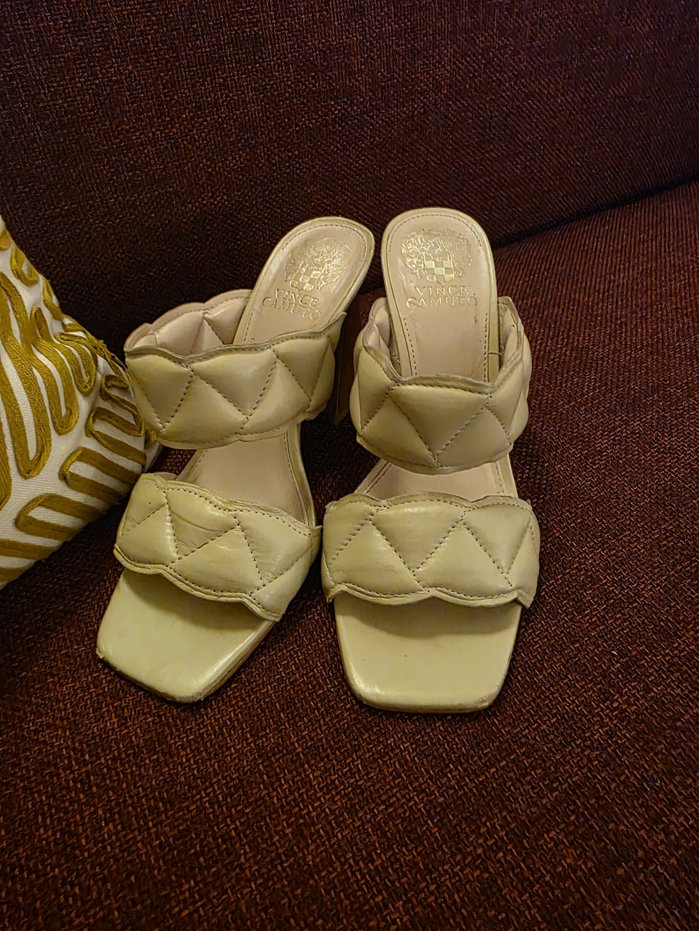 Vince Camuto Beige Quilted Slide Sandals